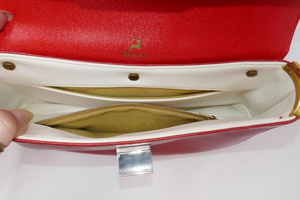 Koret Vintage 1950s 1960s Mid Century Two Tone Clasp Red Leather Top Handle Bag - Picture 8 of 16
